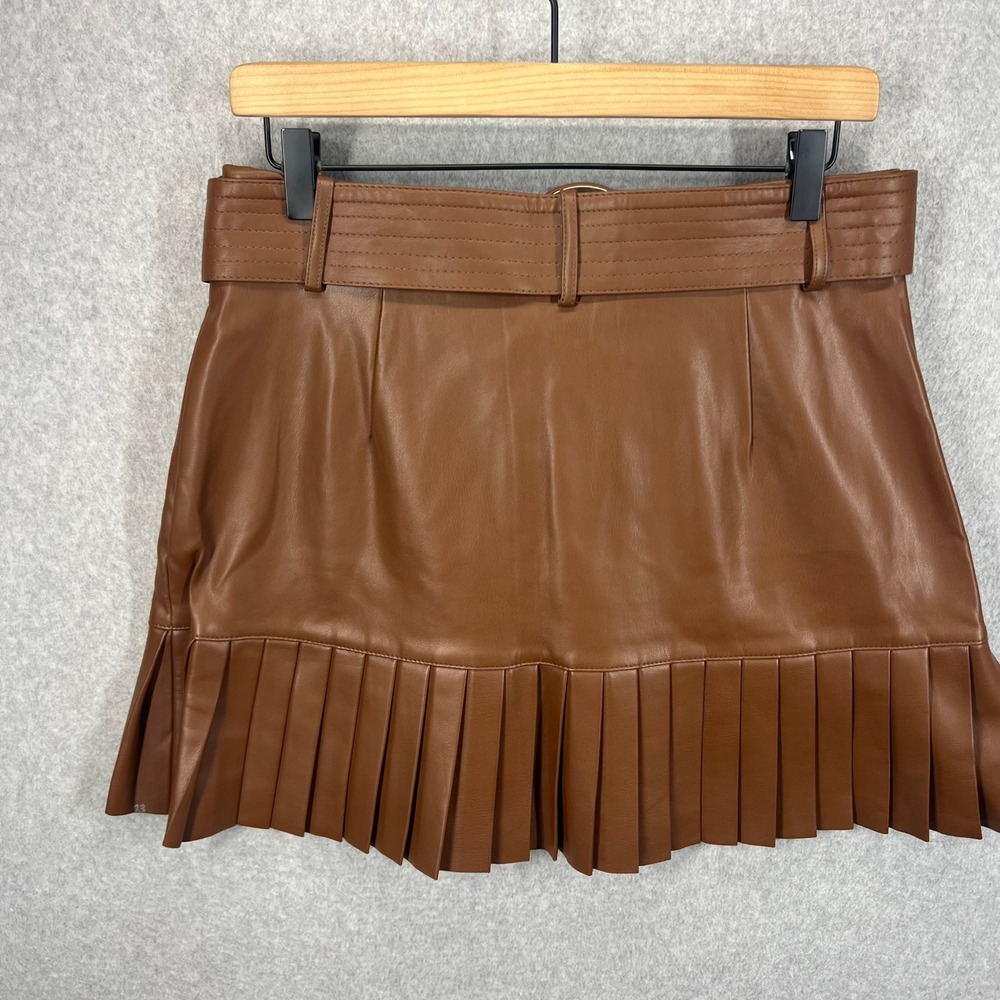 Zara Pleated Faux Leather Mini Skirt Womens L Brown Belted Tiered NWT - Picture 7 of 11